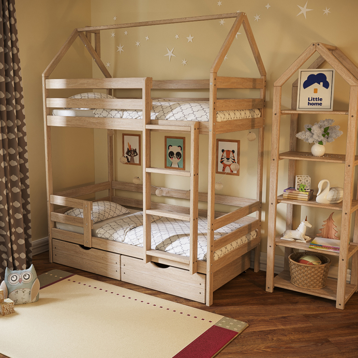 деревянная двухъярусная кровать домик